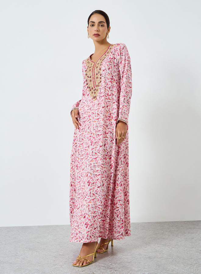 Maxim Creation Women Pink Floral Print Embroidered Jalabiya - Image 2
